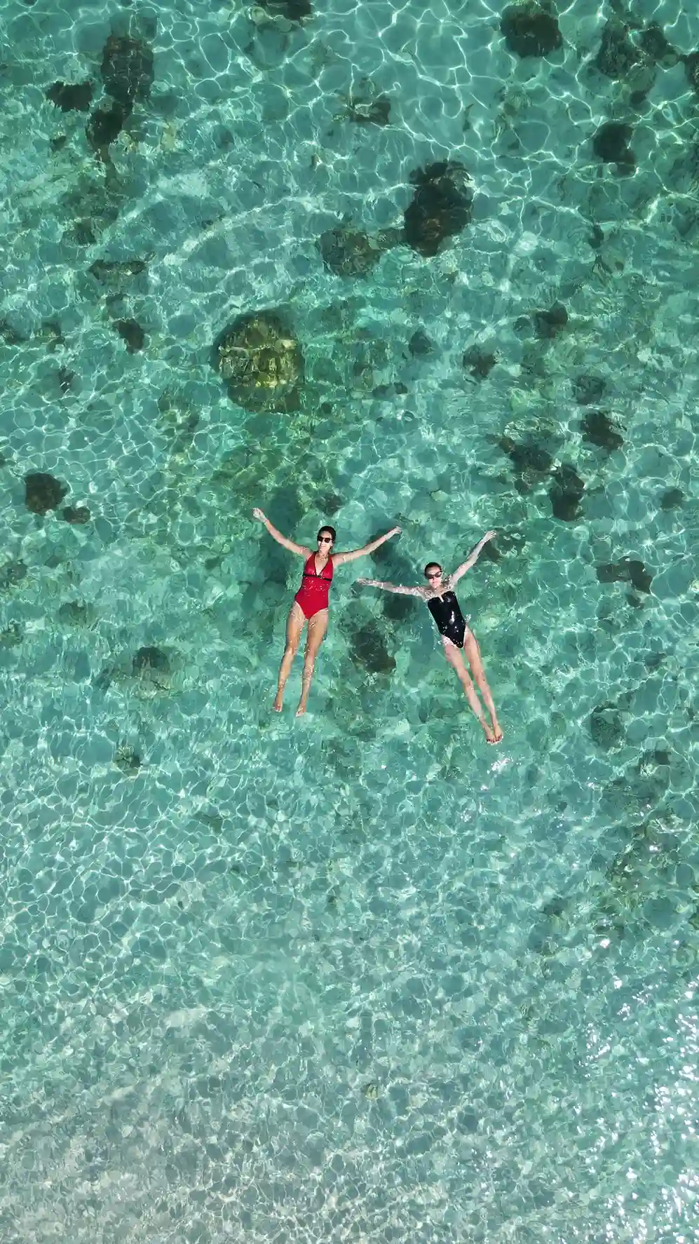 Two scuba divers exploring a coral reef near Pink Beach