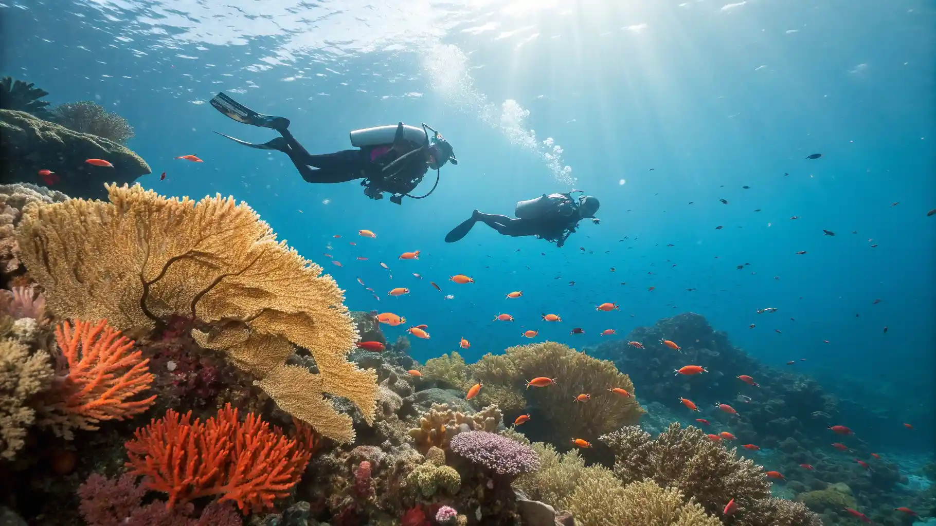 Reef sharks and schooling fish along the Golden Passage channel wall