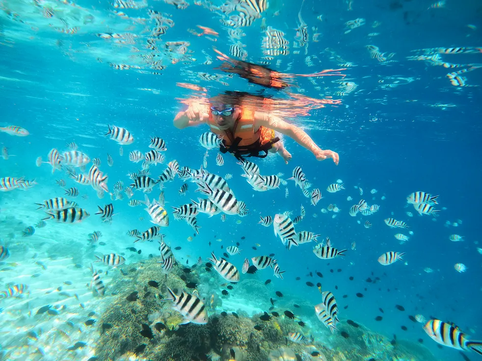 Snorkeling over vibrant coral reef near Kanawa Island