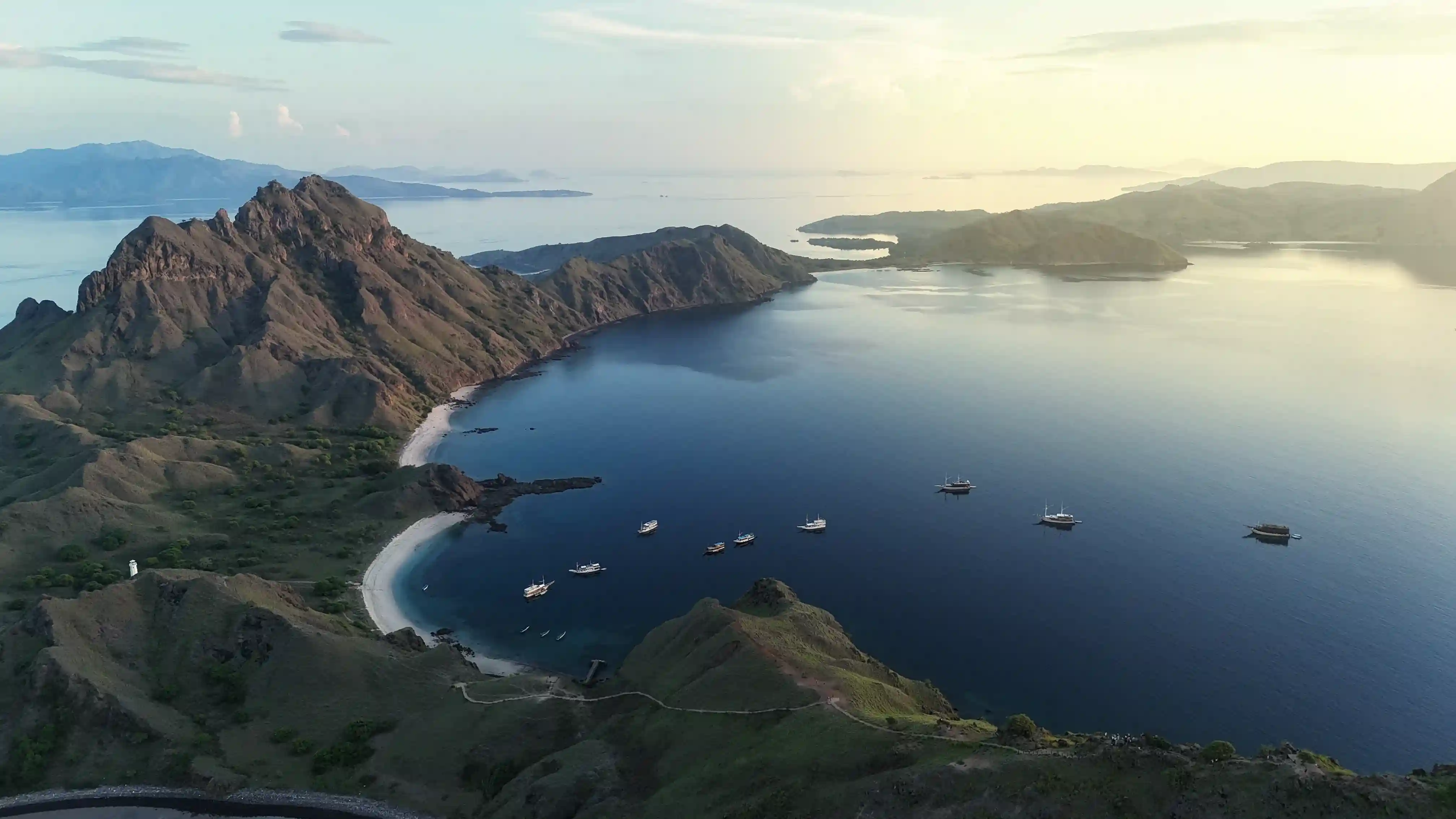 Aerial view of Padar Island's three-bay hilltop viewpoint