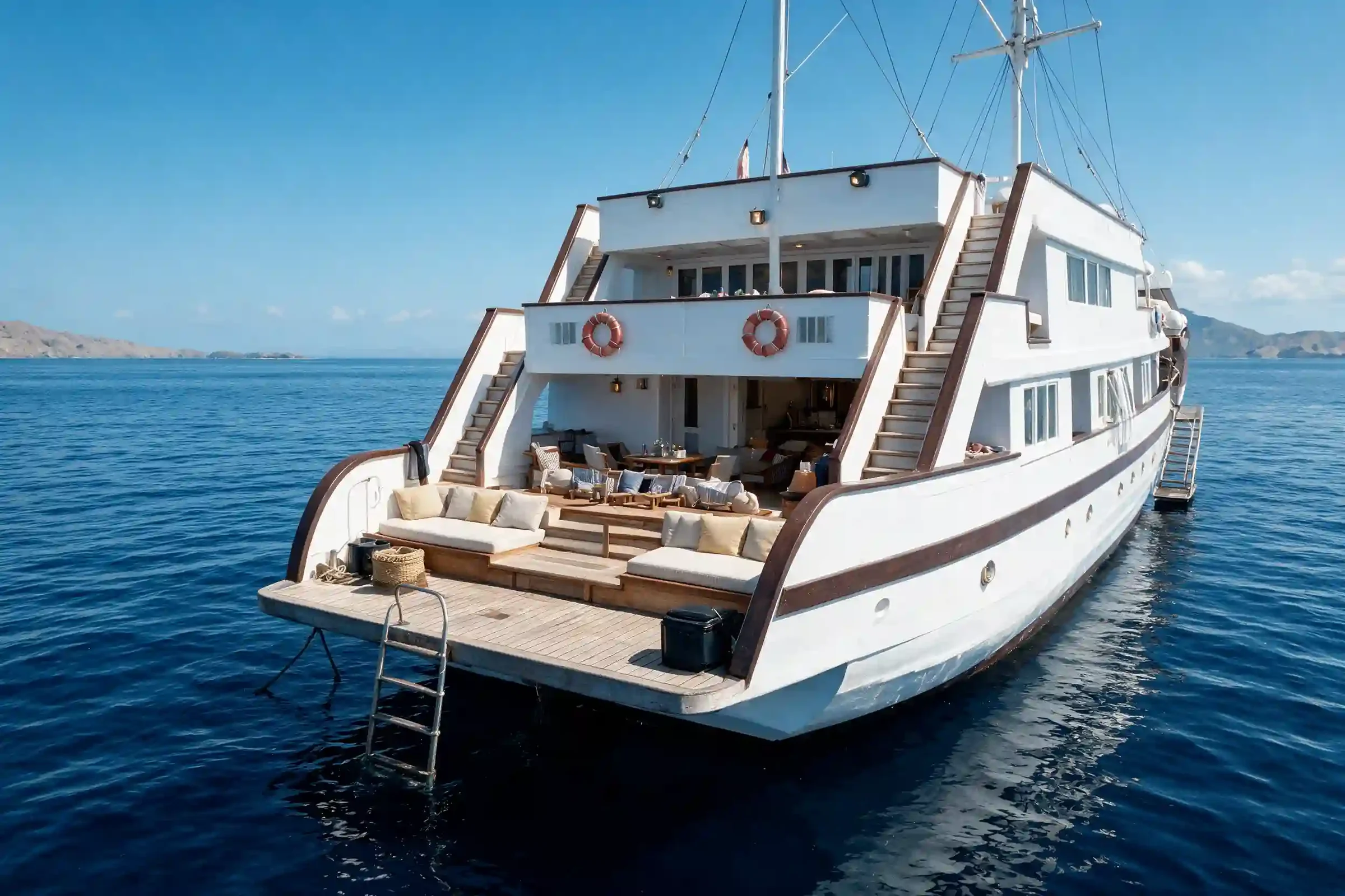 Aft-deck chill-out lounge on Lasha Phinisi Cruise with sofas and an outdoor dining table