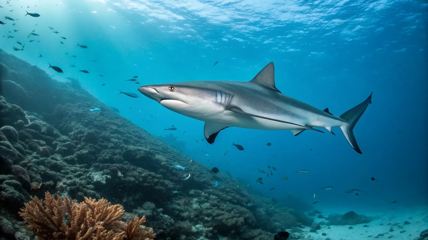 Grey reef shark cruising over the reef at a Komodo seamount dive site