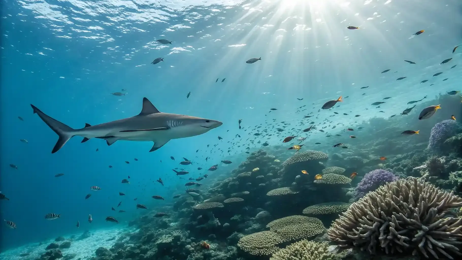 Whitetip reef shark swimming through sunlit blue water at a Komodo current dive site